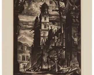 1085
Reynold Weidenaar
1915-1985
"Demolition In The Plaza Del Toro," 1950
Mezzotint on wove paper
From the edition of 121
Signed and titled in pencil in the lower margin: Reynold Weidenaar a.n.a; titled again on a label affixed to the back mat; Print Club Collectors' Club, Alexandria, VA, pub.
Plate: 13" H x 9" W; Sheet: 17" H x 12" W
Estimate: $500 - $700