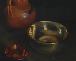 1134
Cadwallader Lincoln Washburn
1866-1965
Still Life With Three Vessels
Oil on canvas
Signed lower right: Cadwallader Washburn
18.5" H x 22" W
Estimate: $400 - $600