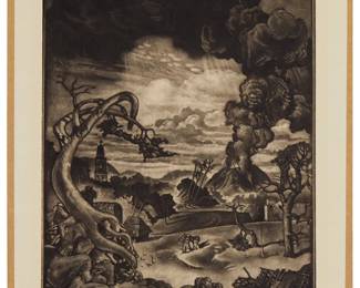 1086
Reynold Henry Weidenaar
1915-1985
"El Monstro De Paracuti," 1945
Mezzotint on paper
From the edition of 92
Signed and titled in pencil at the lower margin edge: Reynold H. Weidenaar; titled again on a label affixed to the back mat; Alfred Fowler, Alexandria, VA, pub.
Plate: 9" H x 7" W; Sheet: 11.125" H x 8.875" W
Estimate: $200 - $400