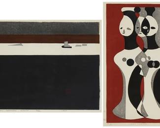 1317
Kiyoshi Saito (1907-1997)
Two works:

"Ston [sic] Garden Kyoto," 1955
Woodcut in colors on paper
Edition: 96/150
Unsigned; titled, dated, and numbered in pencil in the lower margin; with the artist's red ink stamp in the image, lower right
Image: 15" H x 20.75" W; Sight: 16" H x 21.75" W

"Clay Image"
Woodcut in colors on paper
Edition: 4/200
Signed, titled, and numbered in pencil in the lower margin: Kiyoshi Saito; with Japanese characters in pencil in the lower left and right margins
Image: 19.5" H x 12" W; Sight: 21" H x 13.25" W
Estimate: $600 - $800