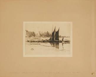 1253
James McNeill Whistler
1834-1903
"Hurlingham," 1879
Etching and drypoint in black ink on ivory laid paper
Edition: Glasgow lists a total of 49 known impressions in all states
Fourth (final) state, with the horizontal drypoint lines added to the building second from the left
Signed with the printed butterfly in the plate at lower left
Plate: 5.375" H x 7.875" W; Sight: 6.5" H x 8.5" W
Estimate: $400 - $600