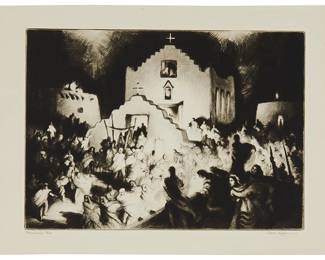 1201
Gene Kloss
1903-1996
"Processional -Taos," 1948
Drypoint and aquatint on cream wove paper
From the edition of 250
Signed and titled in pencil in the lower margin: Gene Kloss; with "The Society of Print Connoisseurs" blindstamp in the lower margin, at left
Plate: 10" H x 14" W; Sheet: 12.375" H x 16.375" W
Estimate: $400 - $600