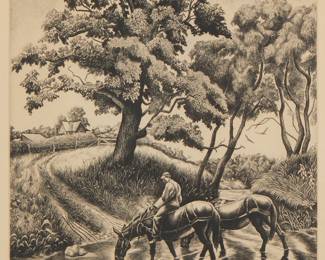 1293
Jackson Lee Nesbitt
1913-2008
"Watering Place," 1939
Etching on paper
From the edition of 250
Signed and titled in pencil in the lower margin: Jackson Lee Nesbitt; Associated American Artists, New York, pub., with their original information sheet affixed to the verso of the frame's backing paper
Image: 12" H x 9.5" W; Sight: 13" H x 10" W
Estimate: $400 - $600