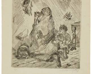 1081
Isidoro Ocampo
1910-1983
A Mother Praying With Child, 1929
Etching on paper
Edition: 3/10
Signed, dated, and numbered in pencil in the lower margin: I. Ocampo
Plate: 10.25" H x 9.75" W; Sheet: 15" H x 11.125" W
Estimate: $400 - $600