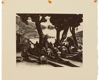 1213
Clare Leighton
1898-1989
"The Net Menders,' 1933
Wood engraving on laid paper
Edition: 136/200
Signed, titled, dated, and numbered in pencil in the lower margin: Clare Leighton; with the printed title, date, and edition information as part of the colophon on the verso of the presentation mat/folder; tipped to the original wove paper presentation mat/folder in three places at the upper margin edge; The Woodcut Society, Kansas City, MO, pub.
Image: 6.125" H x 7.625" W; Sheet: 9.25" H x 11" W
Estimate: $300 - $500