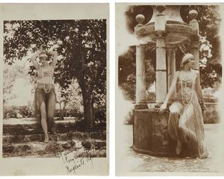 1284
Two Images Of Marguerite Agniel
Photographic reproductions on thin board
Unsigned; Inscribed in pen lower right on one image: For Mr. Frederick Davis/ My cooperation in the taking of some beautiful ... Very sincerely Margarite Agniel
Each: Image: 8.75" H x 6.5" W; Sheet: 11" H x 6.875" W
Estimate: $200 - $300