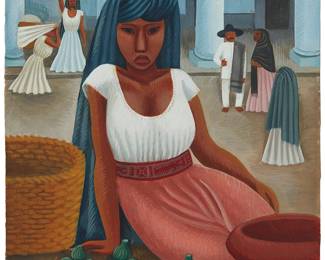 1045
Miguel Covarrubias
1904-1957
El Mercado
Gouache and watercolor on paper
Signed lower left: Covarrubias
Image/Sheet: 12.875" H x 10" W
Estimate: $20,000 - $30,000