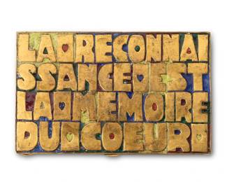 1041
Line Vautrin
1913-1997
"La Reconnaissance Est La Mémoire Du Coeur," Circa 1950
Brass and enamel cigarette case with cork lining
Reads "La reconnaissance est la mémoire du coeur," which translates to "gratitude is the memory of the heart," an adage credited to both Jean-Baptiste Massieu (1772-1846) and Hans Christian Andersen (1805-1875), and reportedly the d'Harnoncourt family motto
3.325" H x 5.25" W x 0.625" D
Estimate: $700 - $900