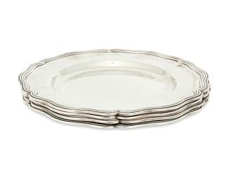 1097
Mid-20th century
Four Christofle "Contours Filets Louis XV" Silver-Plated Plates
Each marked for Christofle and further marked: 39 / 39941
The plates with scalloped and incised edges, 4 pieces
Each: 10.5" Dia.
Estimate: $400 - $600