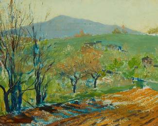 1243
Hermann Dudley Murphy
1867-1945
"Mt. Monadnock In May," 1936
Oil on board
Signed and inscribed in ink, faintly, verso: H. Dudley Murphy / To my friend F. W. Davis 1936; titled on a label affixed, verso
12" H x 16" W
Estimate: $600 - $800