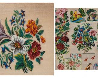 1054
Mid-20th century; Mexico
Two Framed Polychrome Beaded Samplers
Comprising two Mexican beadwork panels framed under glass, including a beadwork panel of a floral spray arrangement with various types of flowers on a white background, and a patchwork sampler panel featuring various floral, figural and geometric patterns worked in small beads of multiple colors and finishes, with a dog, horse, parrots, and a woman depicted at the lower right corner, 2 pieces
The first: 8.625" H x 8.375" W (visual); the second: 11" H x 10.5" W (visual)
Estimate: $400 - $600