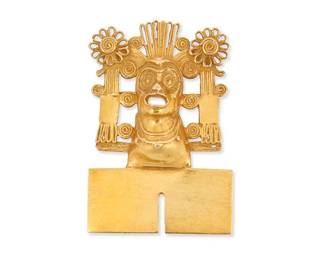 1166
An 18K Yellow Gold Pre-Colombian-Style Pendant/Brooch
Late 20th century
Stamped: 18K
Comprising an 18K yellow gold pendant brooch with a reproduction mask headdress motif
1.5" H x 1" W
8.4 grams
Estimate: $300 - $500