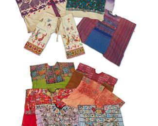 1308
Mid/late 20th century
A Collection Of Latin American Embroidered Huipiles
Eleven hand-embroidered Mexican and Guatemalan traditional-style garments including ten "huipiles" or overblouses in various styles, colors and fabrics, all with multi-colored central and shoulder panels, in various motifs including birds, animals, flowers, figures, and geometric designs, as well as a pair of likely Huichol embroidered cotton pants with various cross-stitch designs including peacocks, roosters, butterflies, flowers, and a desert rat, 11 pieces
Largest: 27" H x 42" W; Smallest: 20" H x 25.5" W; Pants: 26" H x 19.5" W at waist; approximately
Estimate: $500 - $700