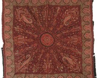1268
Late 19th/early 20th century
A Hand Embroidered Paisley Shawl
A embroidered textile worked in polychrome silk and cotton threads on a black wool twill ground, with overall paisley and floral motifs around a central mandala
77" H x 74" W approximately
Estimate: $400 - $600