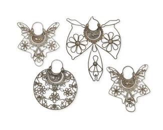 1145
A Group Of Mexican Silver Filigree Ornaments And Earrings
Early/mid-20th century
Each appears unmarked
Three works comprising a pair of filigree sterling silver wire earrings or Santos ornaments in a stylized butterfly shape with applied silver floral, bird, and hand motifs (each: 3.25" H x 2.75" W), as well as a single round filigree silver wire pendant or Santos ornament with similar applied motifs (3.25" H x 3" W), and a large butterfly-shaped filigree wire pendant/ornament with floral and hand motifs (4.5" H x 3.75" W), 4 pieces
89.0 grams
Estimate: $600 - $800