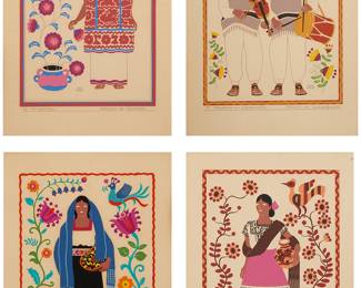 1149
Carlos Merida (1891-1984)
Twenty-one works:
Twenty-one plates from the "Trajes Regionales Mexicanos" portfolio, 1945
Each: screenprint in colors on wove paper
Each: from the edition of 1000
Each with the artist's name, image number, and individual title printed along the lower edge of the image: Carlos Merida; together with the original beige cloth-covered portfolio with printed design, title, and publisher on the front; Editorial Atlante, Mexico City, Mexico, pub.
Image of each: 12.5" H x 9.25" W; Sheet of loose: 17.5" H x 12.75" W, Sheet of framed: 16" H x 12" W
Estimate: $600 - $800