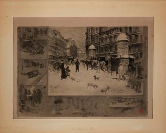 1291
Felix Buhot
1847-1898
"L'Hiver A Paris," 1879
Etching with aquatint, drypoint, and roulette on cream wove paper
An impression of the ninth (final) state
Signed with the artist's red owl ink stamp in the lower right corner of the image
Plate: 9.25" H x 13.5" W; Sheet: 12.5" H x 17.5" W
Estimate: $400 - $600
