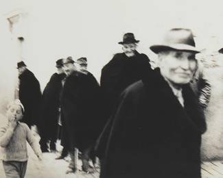 1024
Mario Giacomelli
1925-2000
"Scanno," 1993
Silver gelatin print on paper
Signed in pen, the ink stamped title, and with the artist's address ink stamp, all verso: Mario Giacomelli
Image/Sheet: 11" H x 15.5" W
Estimate: $2,000 - $3,000