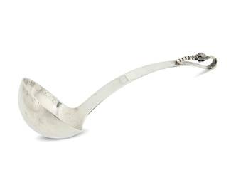 1207
Mid-20th century
A Mexican Sterling Silver Ladle
Marked: Hecho en Mexico D. F. / F. Ramirez / 0.925 / Sterling / [Eagle 1]
The Jensen-style ladle with floral form handle accent
11" L
6.6 oz. troy approximately
Estimate: $200 - $300