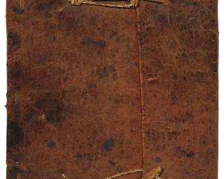 1107
20th century or earlier
A Colonial Revival Codex
A handmade text combining various elements from other sources into a modern revival tribute, with pages containing Aztec-inspired pictograms and Classical Nahuatl (in the Latin alphabet) transcriptions on 24 pages, all bound in a leather binder with toggle closures
Overall: 11.5 H x 8.5" W
Estimate: $2,000 - $3,000