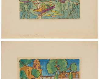 1305
Kenneth Manning (20th Century)
Two works:
Landscape with figures in a boat, 1935
Monotype in colors on paper tipped to matboard
Signed and dated in pencil on the platemark, at right: Kenneth Manning; with a pencil notation in the lower margin edge, at left
Plate: 6.75" H x 9" H; Mount: 11.875" H x 14.125" W
Mexican church courtyard with a figure on a bench, 1935
Monotype in colors on paper tipped to matboard
Signed and dated in pencil on the platemark, at right: Kenneth Manning; with a pencil notation in the lower margin edge, at left
Plate: 7" H x 9.25" W; Mount: 11.75" H x 14.125" W
Estimate: $200 - $400