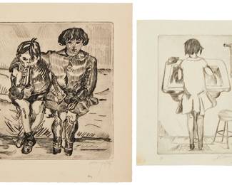 1219
Isidoro Ocampo (1910-1983)
Two works:
Figures sitting on a couch, 1929
Etching on laid paper
Edition: 10/15
Signed, dated, and numbered in pencil in the lower margin: Isidoro Ocampo
Plate: 10.75" H x 9" W; Sheet: 14" H x 11.75" W
Figure at the sink, 1931
Etching on wove paper
Edition: 1/1
Signed, dated, and numbered in pencil in the lower margin: Isidoro Ocampo
Plate: 6.5" H x 4.75" W; Sheet: 7.75" H x 6.75" W
Estimate: $500 - $700