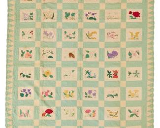 1251
Mid-20th century
An American "State Flowers" Appliqué Patchwork Quilt
With embroidered label verso: Mrs. E. Talbott / 1932 / Clinton, Ind.
A quilted coverlet featuring forty-eight panes of appliqued and embroidered motifs of United States state flowers and trees, in off white/cream cotton with mint green borders and an alternating triangular border to edges, with all-over floral and diagonal quilting to coverlet
81" H x 72" W
Estimate: $500 - $700