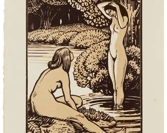 1292
Henri Amedee-Wetter
1869-1929
"Deux Nus Féminins À La Baignage," 1923
Woodcut in colors on wove paper, watermark J.Perrigot
Presumably from the edition of 30
Signed in pencil in the lower margin, at right: H. Amedee-Wetter; monogrammed in the block, lower left
Image: 8.5" H x 6.5" W; Sheet: 11.25" H x 9" W
Estimate: $200 - $300