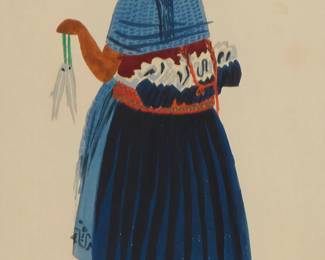 1046
Miguel Covarrubias
1904-1957
Woman In A Blue Dress With Fish
Watercolor and gouache on paper
Signed and inscribed in pencil lower right: Covarrubias / For Fred
Sight: 10.75" H x 6.875" W
Estimate: $3,000 - $5,000