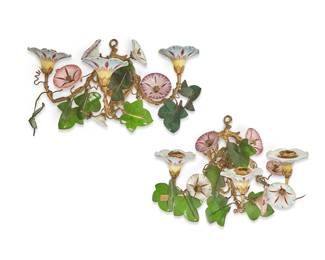 1053
Late 19th century
A Pair Of Continental Floral Wall Sconces
Each unmarked
The sconces with hand-painted porcelain flowers and cut glass English ivy leaves mounted to gilt-bronze and metal vine-form branches, 2 pieces
Each: 8.5" H x 14.5" W x 8" D
Estimate: $700 - $900