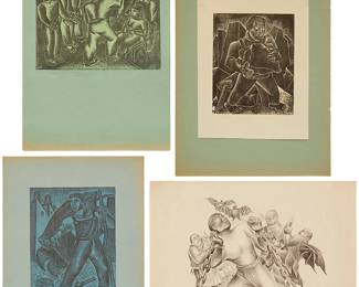 1232
Everardo Ramirez (1906-1992)
Four works:
A group of two men at work, one group gathering scene, and a man under restraints with doctors around him
Three linocuts on paper, with two on blue-colored tissue paper; and one lithograph on paper
Two signed in pencil in the lower margin, at left, and two signed on the overmat, at either left or right: Everardo Ramirez
Sheet of smallest: 12" H x 10" W; Sheet of largest: 12.875" H x 18.5" W
Estimate: $500 - $700