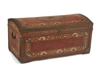 1060
Early 20th century
A Spanish Colonial Trunk
Unmarked
The leather-wrapped cedar wood trunk hand-painted with scrolled foliate motifs on red ground featuring brass rivets, edges, hardware, and opposed handles
18" H x 36.5" W x 19.5" D
Estimate: $800 - $1,200