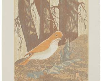 1258
James Dexter Havens
1900-1960
"Shy Veery," 1949
Woodcut in colors on laid paper
From the edition of 200
Signed and dated in pencil in the lower margin, at right: James D. Havens; with the printed title, date, and edition information as part of the colophon on the verso of the original presentation mat/folder; Spiral Press, prntr.; The Woodcut Society, New York, pub.; Together with the original wove paper envelope and tissue guard
Image: 9.5" H x 8" W; Sheet: 12.75" H x 10.5" W
Estimate: $200 - $400