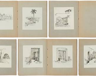 1286
The Book, "Casa De Vsted, Cuernavaca" With Woodcuts Of Fredrick Davis's Cuernavaca Home
Eight works:

"Casa de Vsted, Cuernavaca," 1924
Each: Woodcuts on paper tipped down to colored cardstock
Each Sheet: Initialed and dated in the block: WSH; the introduction sheet with a printed inscription: Wishing you / a Merry Christmas / and / Happy New Year / Frederick W. Davis; the cardstock sheets saddle stitch bound with a decorative ribbon inside a paper cover with printed title: Casa de Vsted[sic] / Cuernavaca
Each image/sheet: 7" H x 6" W; Each cardstock mount sheet: 9" H x 11.5" W
Estimate: $400 - $600