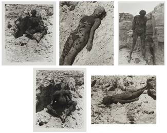 1019
Eugenia Vargas
b. 1929
Plate 28, 29, 30, 31, And 32 From The Series "Body Art: Sale Portrait / Arte Cuerpo: Autorretrato," 1986-87
Each: Gelatin silver print on paper
Four works
Each: Unsigned
Sight of smallest: 6.625" H x 8.75" W; Sight of largest: 9.125" H x 6.75" W
Estimate: $800 - $1,200