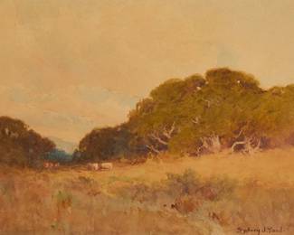 1185
Sydney Janis Yard
1855-1909
Grazing Cows Near A Grove
Watercolor on paper
Signed lower right: Sydney J. Yard
Sight: 10.5" H x 13.75" W
Estimate: $300 - $500