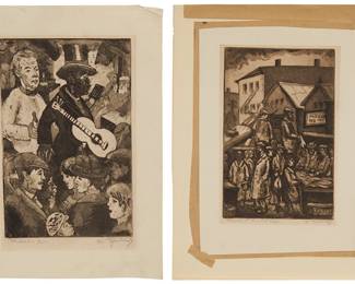 1194
Morris Topchevsky (1899-1947)
Two works:
"Medicine Man"
Etching and drypoint on wove paper, watermark PM
Signed and titled in pencil in the lower margin: M. Topchevsky
Plate: 8.25" H x 5.5" W; Sheet: 11.25" H x 8" W
"Maxwell St. Market, Chicago"
Etching and drypoint on wove paper, watermark Umbria Italia
Signed and titled in pencil in the lower margin: M. Topchevsky
Plate: 9" H x 6" W; Sheet: 12.5" H x 9" W
Estimate: $400 - $600