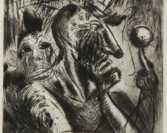 1074
José Clemente Orozco
1883-1949
"Payaso Con Una Pelota," 1944
Etching and drypoint on paper
Edition: 49/75, from the posthumous edition printed in 1951
Unsigned; titled by repute; numbered in pencil in the lower margin, at right
Plate: 10.75" H x 8.5" W; Sight: 11.5" H x 9.25" W
Estimate: $500 - $700