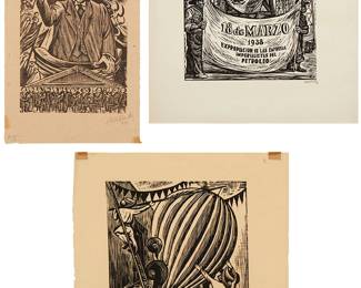 1191
Leopoldo Mendez (1902-1969)
Three works:
"5 de Febrero de 1917"
Woodcut on beige paper
Signed in pencil in the lower margin, at right: Mendez
Image: 6.375" H x 4.25" W; Sheet: 8.875" H x 5.375" W
"18 de Marzo 1938"
Woodcut on paper
Signed in pencil in the lower margin, at right: Mendez
Image:7.875" H x 9.125" W; Sheet: 12.875" H x 14.5" W
Balloon ascension, 1929
Woodcut on thin paper
Signed and dated in pencil in the lower margin, at right: Mendez
Image: 6.875" H x 6" W; Sheet: 9.375" H x 9.125" W
Estimate: $400 - $600