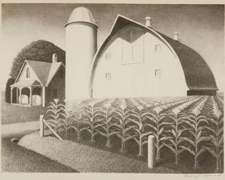 1198
Grant Wood
1892-1942
"Fertility," 1939
Lithograph on wove paper
From the edition of 250
Signed in pencil in the lower margin at right: Grant Wood; George C. Miller, prntr.; Associated American Aritsts, New York, pub.
Image: 8.875" H x 11.875" W; Sheet: 11.75" H x 16" W
Estimate: $3,000 - $5,000