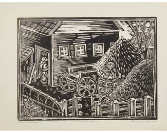 1238
Florence Arquin
1900-1974
"Ammann's Barn"
Woodcut on thin paper
From the edition of unknown size
Signed, titled, and inscribed in pencil in the lower margin: Florence Arquin / To Fred Davis
Image: 10" H x 13" W; Sheet: 12.5" H x 16.125" W
Estimate: $300 - $500