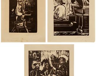 1226
Isidoro Ocampo (1910-1983)
Three works:
"El Bibliotecario," 1931
Woodcut on paper
Singed and dated in pencil in the lower margin, at right: I. Ocampo; titled from a pencil notation in the lower margin edge, at left
Image: 9.5" H x 6" W; Sheet: 13.75" H x 9.25" W
People waiting, 1930
Woodcut on paper
Signed and dated in pencil in the lower margin, at right: I. Ocampo
Image: 8.75" H x 6.25" W; Sheet: 10.75" H x 8.375" W
Men in tavern with glasses raised, 1930
Woodcut on paper
Signed and dated in pencil in the lower margin, at right: I. Ocampo
Image: 8.375" H x 8.5" W; Sheet: 11.375" H x 10.5" W
Largest: Image: 9.5" H x 6" W; Sheet: 13.75" H x 9.25" W
Estimate: $500 - $700