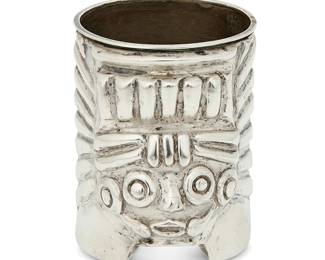 1172
A Fred Davis Sterling Silver Cup
Frederick W Davis (1880-1961)
Mid-20th century; Mexico City, Mexico
Marked for Fred Davis to underside
The cup with Pre-Columbian-style mask to one side
3.25" H x 2.75" W x 2.5" Dia.
5.6 oz. troy approximately
Estimate: $200 - $300