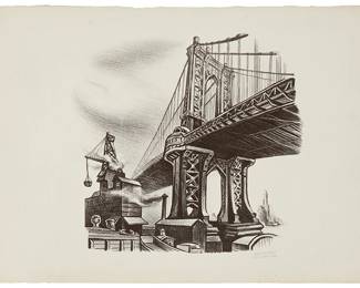 1156
Jesus Escobedo
1918-1978
Untitled, From The "New York Series," 1946
Lithograph on wove paper
Signed, dated, and inscribed in pencil in the lower margin, at right: Jesus Escobedo
Image: 10" H x 11" W; Sheet: 12.625" H x 19" W
Estimate: $800 - $1,200