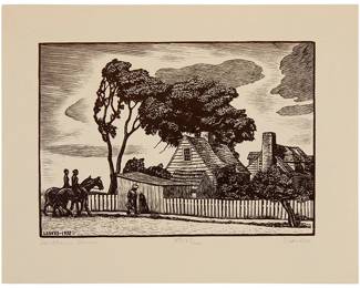 1294
Julius John Lankes
1884-1960
"Southern Scene," 1932
Woodcut on laid paper
Edition: 127/200
Signed, titled, and numbered in pencil in the lower margin: JJ Lankes; With the printed title, date, and edition information as part of the colophon on the verso of the presentation mat/folder; tipped down to the original wove paper presentation mat/folder at the tips of the upper margin corners; The Woodcut Society, Kansas City, MO, pub.
Image: 5.125" H x 7.25" W; Sheet: 7.325" H x 9.325" W
Estimate: $200 - $400