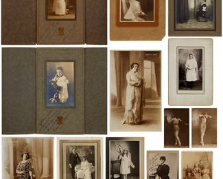 1011
A Group Of Vintage Black And White Portraits And Collector Cards
A large collection of nine Mexican, French, and American photographs, two postcards with glitter embellishments, and two actress cards; Each unsigned, some with inscriptions
Largest: 13" H x 9.25" W; Smallest: 6.625" H x 4.25" W
Estimate: $400 - $600