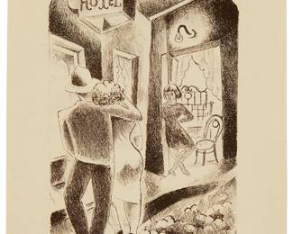 1197
Francisco Diaz De Leon
1830-1896
"Pleasure Street," 1930
Lithograph on laid paper
Edition: 11/20
Signed and numbered in pencil in the lower margin: Diaz de Leon
Image: 8.375" H x 6.125" W; Sheet: 12" H x 9.25" W
Estimate: $300 - $500