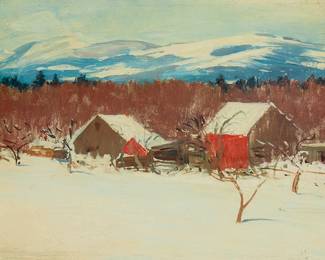 1244
Hermann Dudley Murphy
1867-1945
Houses In A Winter Landscape
Oil on board
Signed lower right: H. Dudley Murphy; inscribed in ink, verso: To good Mr. Davis / in case the weather / should get hot! / H. Dudley Murphy Jan. 1933
12" H x 16" W
Estimate: $400 - $600