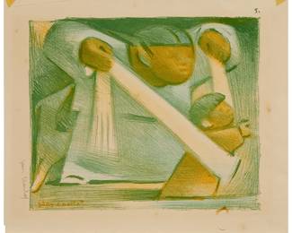 1089
Jean Charlot
1898-1979
"Konenehnemitia (First Steps), No.5," From The Portfolio "Mexihkanantli (Mexican Mother)," 1946
Lithograph in color on paper
Signed in pencil in the lower portion of the left margin: Jean Charlot; signed again in the image, lower left; and with the printed number "5" in the upper margin, at right; El Taller de Gráfica Popular, Mexico City, Mexico, prntr.
Image: 7.375" H x 9" W; Sheet: 9.125" H x 11.125" W
Estimate: $200 - $400