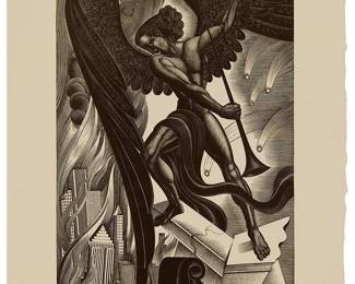 1187
Boris Artzybasheff
1899-1965
"The Last Trumpet,' 1937
Wood engraving on laid paper
Edition: 61/200
Signed and titled in pencil in the lower margin: Boris Artzybasheff; with the printed title, date, and edition information as part of the colophon on the verso of the original presentation mat/folder; tipped down to the wove paper presentation mat/folder at the tips of the upper margin corners; The Woodcut Society, Alexandria, VA, pub.
Image: 11.325" H x 8" W; Sheet: 14.75" H x 11.325" W
Estimate: $1,000 - $1,500